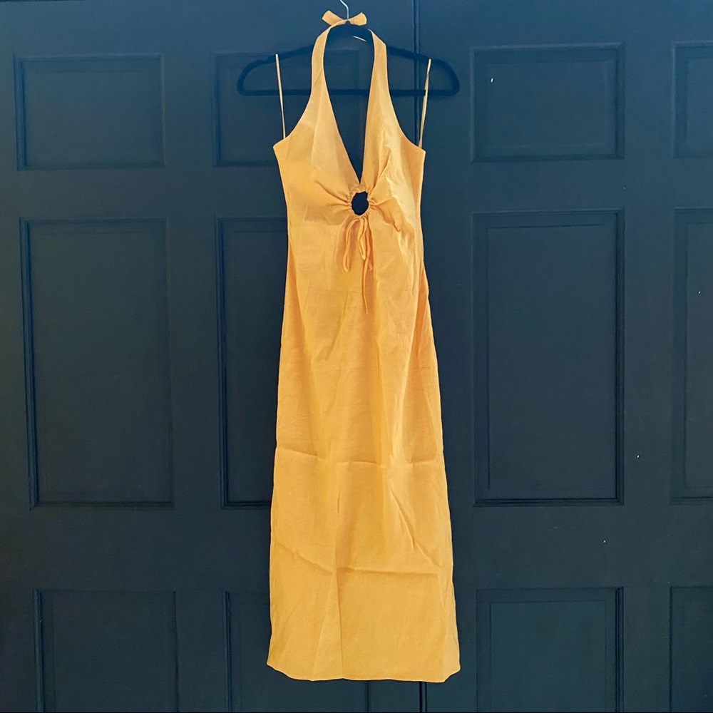 Zara Linen Blend Tangerine Orange Halter Cutout Midi Dress - Small